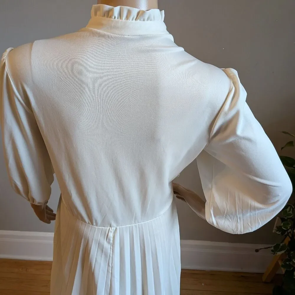 Vintage 80s White Midi Dress High Neck Button Front Victorian Pleated Size 12